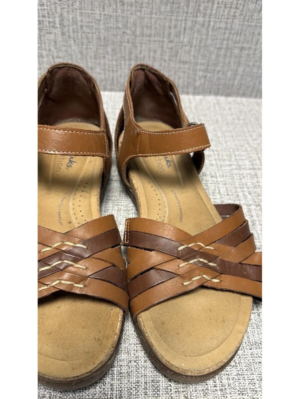 Clarks Sandals Womens Sz 6 M Brown Tan Leather Cork Strappy Wedge Roseville Cove